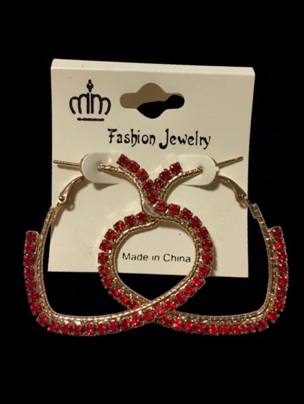 Gold & Red Rhinestone Heart Earrings ❤️